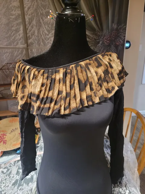 NEW AmyDance Latin Dance Practice Top — Black, Leopard Ruffle Collar — Size S, AmyDance Apparel one-piece