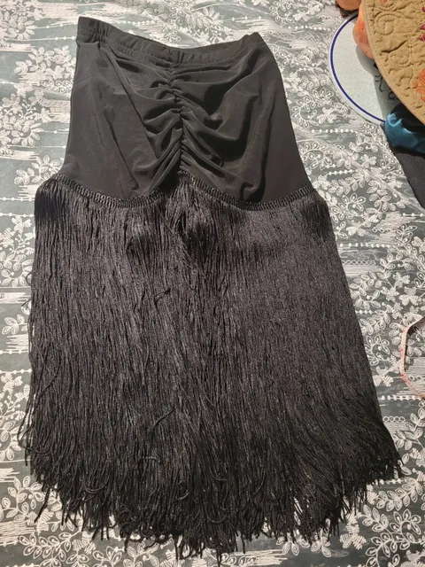 NEW Latin Dance Practice Skirt — Black Ruched Front, Long Fringe, Built-In Brief — Waist Flat 10" one-piece