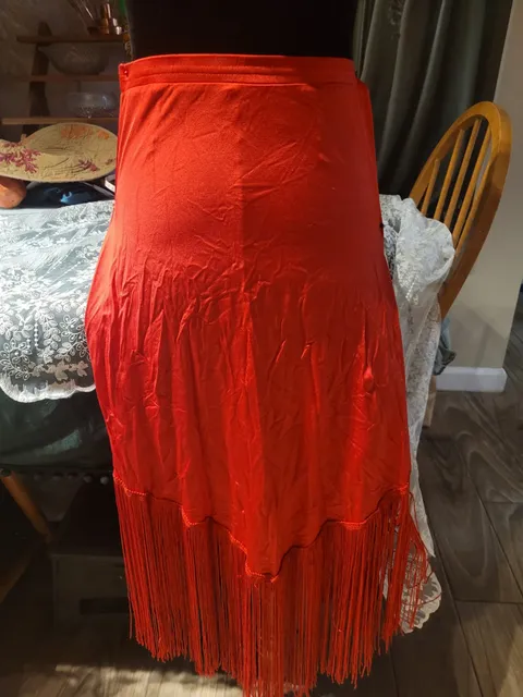 Latin Dance Practice Skirt — Red Fringe, Zigzag Hem — Worn Once — Waist Flat 10" one-piece