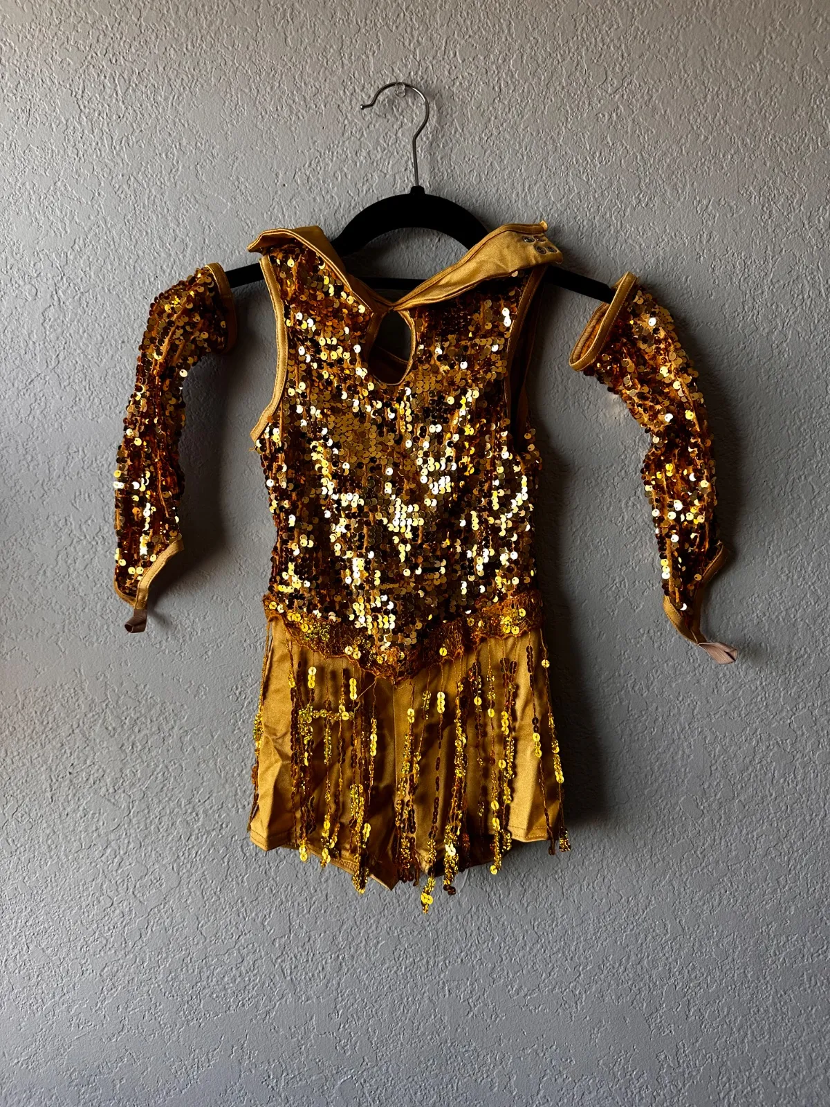 Gold Sequin Dance Leotard with Gloves, Weissman dance costume in gold and yellow