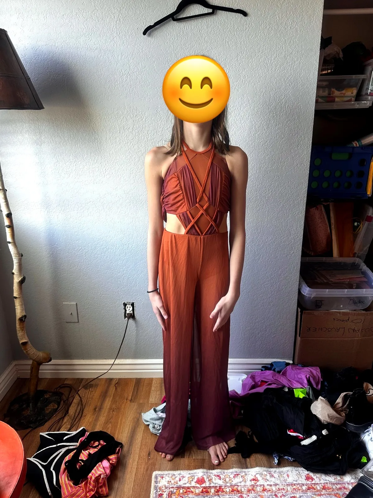Rust Orange Halter Dance Jumpsuit dance costume in orange and burgundy