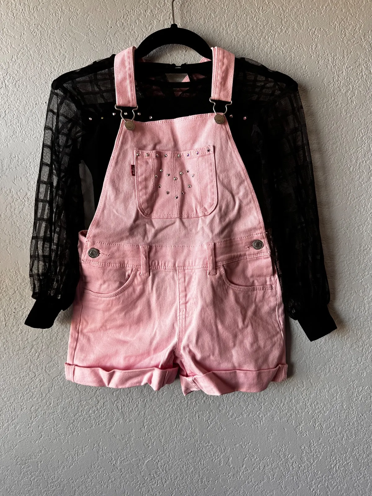 Pink Denim Overall Shorts Costume dance costume in pink and black